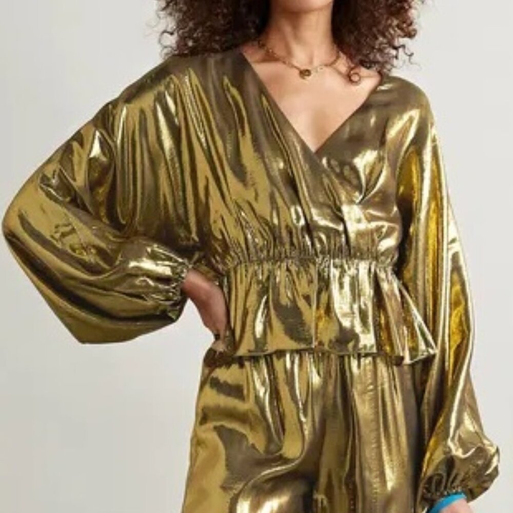 NEW $425 RHODE MILA WRAP EFFECT SILK BLEND TOP IN GOLD METALLIC SIZE M